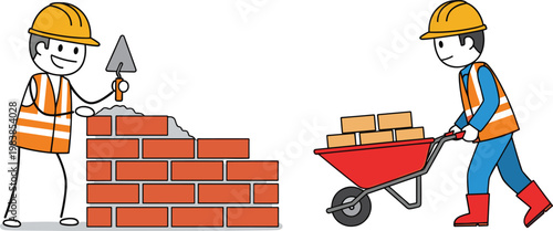 Construction workers illustration with bricklaying mason and laborer with wheelbarrow building wall isolated on white background for industry design