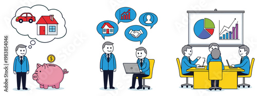 Business investment planning concept illustration with savings piggy bank property goals team meeting and financial growth strategy isolated on white background