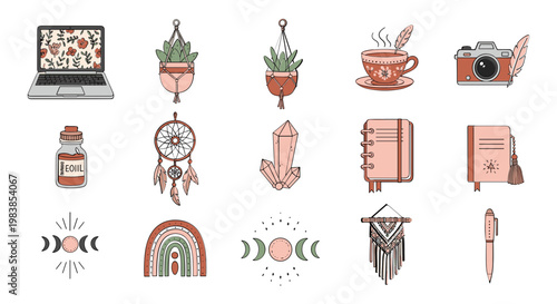 Boho Aesthetic Elements: Laptop, Plants, Dreamcatcher, Coffee, Camera, Journal, Crystals, Rainbow