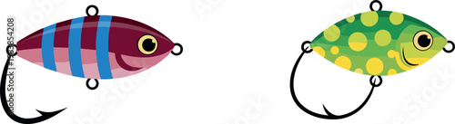 Colorful Fishing Lures with Stripes and Dots for Freshwater and Saltwater Fishing Gear Illustrations