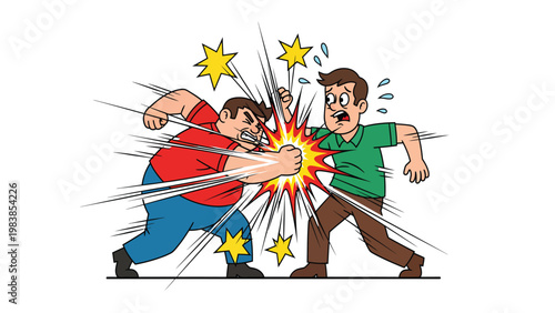 Dynamic Cartoon Fistfight: Two Men Clashing with Exploding Impact, Aggression, and Conflict Illustration
