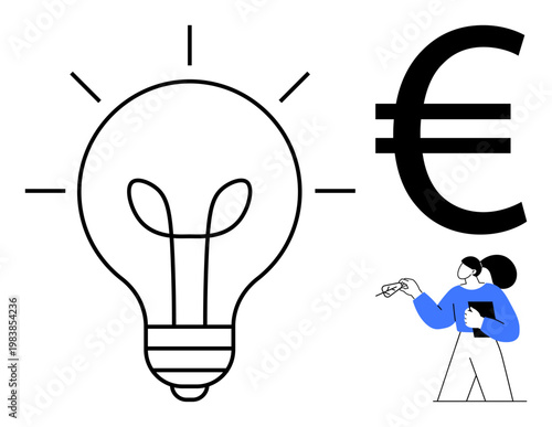Innovation, finance, business planning, design thinking, monetary growth, creative solutions. Lightbulb, Euro symbol and a person holding a pen and notebook. Innovation and finance concept