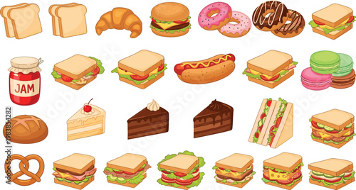 Bakery and sandwich food collection set with bread croissant burger donut cake hotdog and dessert items isolated on white background