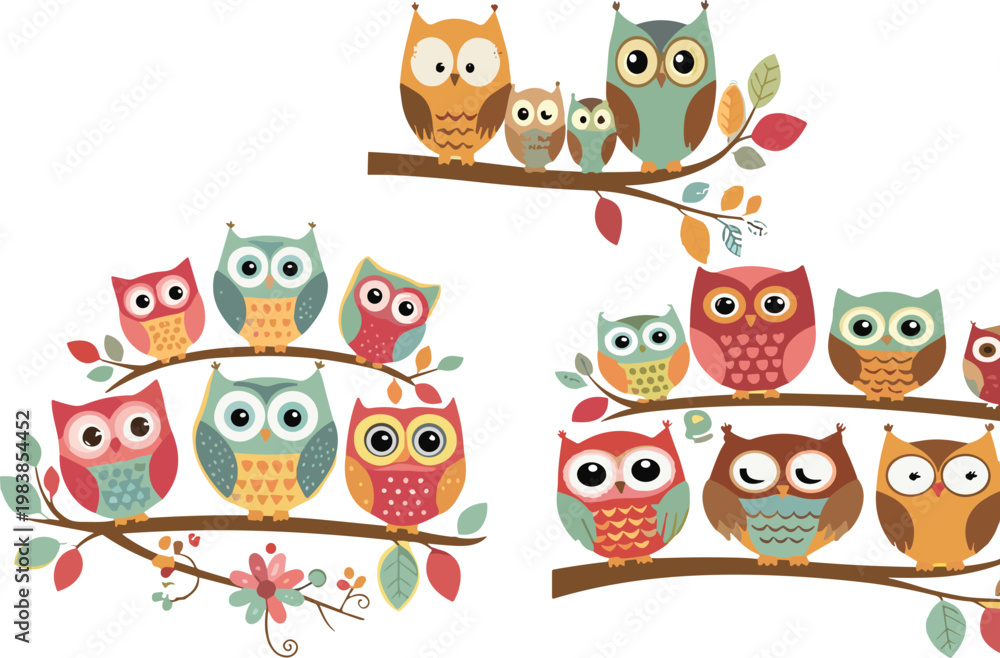Fototapeta premium Cute Owl Birds on Branch Set with Colorful Cartoon Characters, Forest Leaves and Adorable Animal Illustration Collection