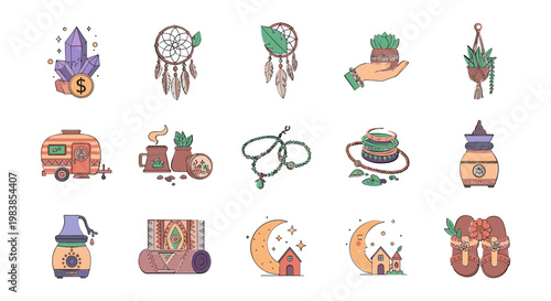 Boho Lifestyle Icons: Dreamcatcher, Crystals, Caravan, Plants, Moon, Jewelry