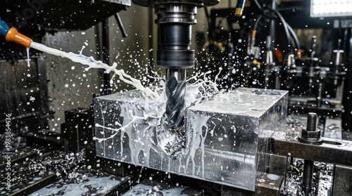 High speed macro shot of CNC milling machine cutting aluminum block with coolant