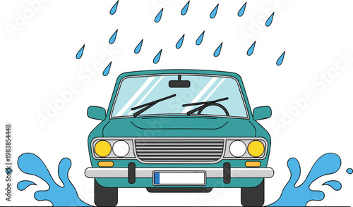 Car driving in rain vector illustration with splashing water drops wet road and windshield wipers isolated on white background