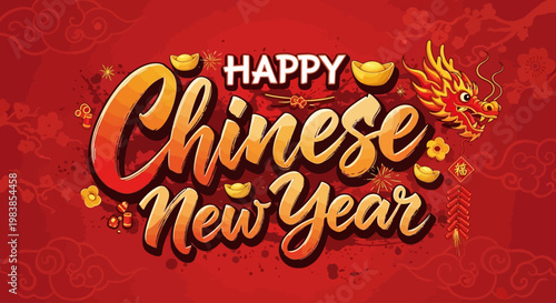 Happy Chinese New Year celebration with dragon head and gold ingots on red background