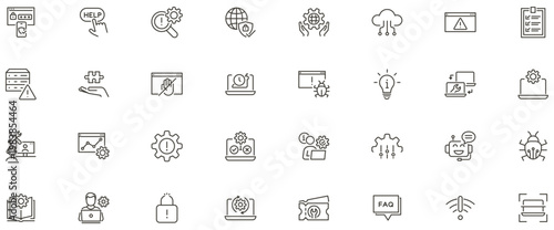 IT support and services icon set. Help desk, troubleshooting, technical services, computer maintenance, security, cloud, repair, customer support icons. Thin line editable stroke vector illustrations