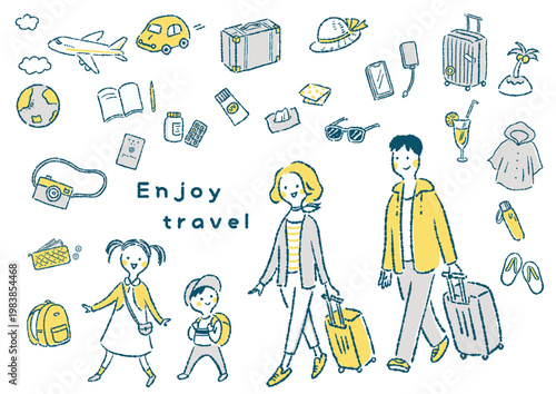 旅行に出かける4人家族と旅行グッズの手描き風シンプルイラスト