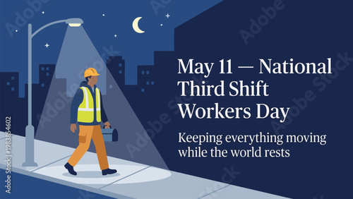 National Third Shift Workers Day with construction worker walking at night, essential workforce and late shift job concept, modern flat vector illustration
