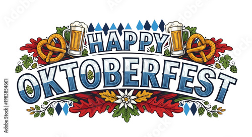 Happy Oktoberfest banner with beer mugs, pretzels and Bavarian symbols