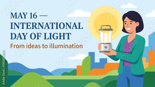 A woman holding a glowing lantern celebrating the International Day of Light on May 16, with a bright sun and city landscape in the background.