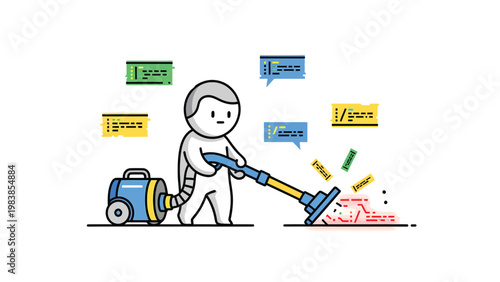 Clearing mental clutter: Cartoon person vacuums negative thoughts, embracing positive concepts and focus