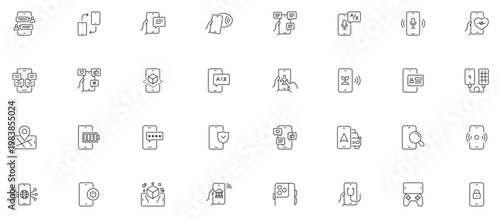 Minimalist Smartphone outine icons set with editable stroke. featuring icons of various Smartphone function and notifications. thin linear illustration.