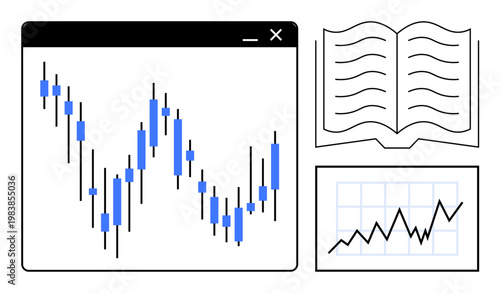 Financial analysis, stock market trends, trading education, investment strategies, economic research, financial planning. Candlestick chart, line graph and open book. Financial analysis and trading