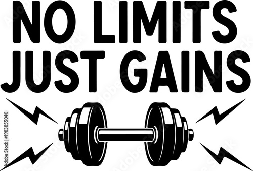 Fitness motivation, gym quote, workout vector, dumbbell graphic, no limits just gains