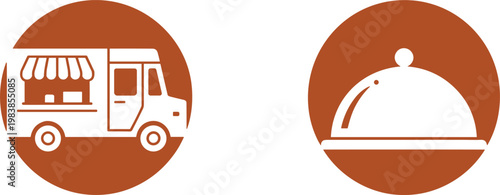 Food Truck Street Vendor and Serving Tray Cloche Icon Set for Restaurant Catering, Delivery, and Mobile Food Services