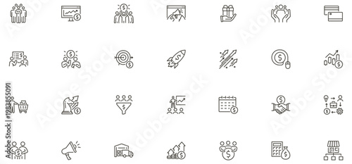 Modern business and sales team icon set. Marketing, revenue, growth, funnel, ecommerce, strategy, finance, operations icons. Thin line editable stroke vector illustrations