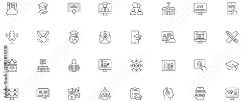 Online distance learning line editable icons set. featuring Online learning, quiz, ereader, edtech, online academy, and more .