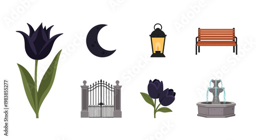 Elegant Flower, Crescent Moon, Lantern, Bench, Gate, and Fountain Scene