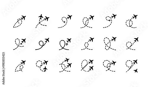 Airplane route logo set with flight path silhouettes minimal travel branding vector symbols isolated