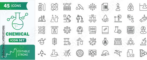 Chemical science laboratory research outline icon set .Collection of chemical, science, and laboratory outline icons representing research concepts 