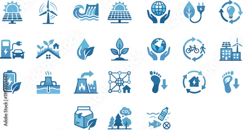 Environmental sustainability icons for eco friendly business and renewable energy concepts