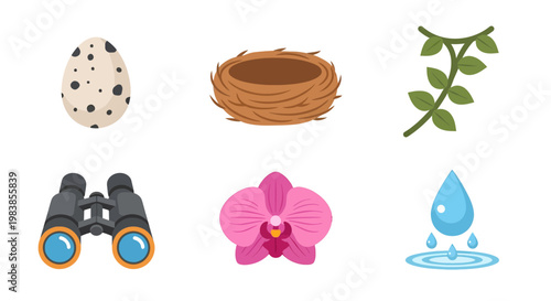 Variety of Nature-Inspired Elements Including Egg, Nest, Plant, Binoculars, Orchid, Water Drop