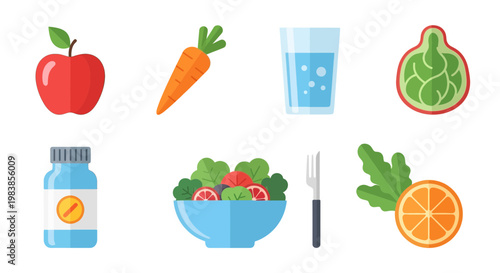 Healthy Fresh Fruit and Vegetable Assortment with Juice and Salad