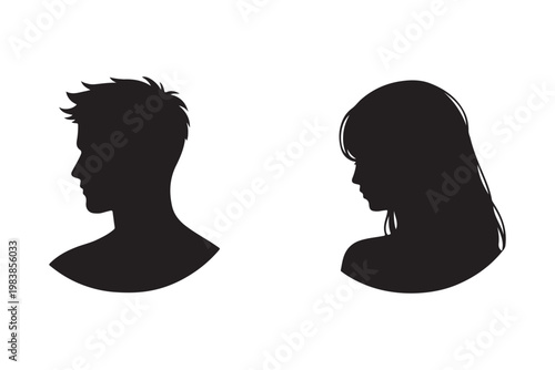 Silhouette profile icons of a man and woman simple vector avatar placeholders isolated on white background