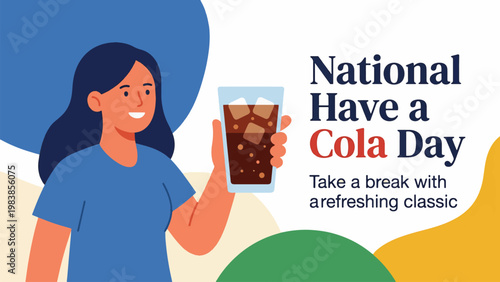 A smiling woman holds a glass of iced cola, celebrating "National Have a Cola Day" with a refreshing classic drink.