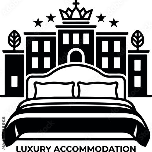 Luxury hotel accommodation icon with crown and stars