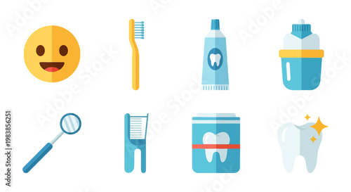 Assorted Dental Care Items and Smile Emoji Illustration