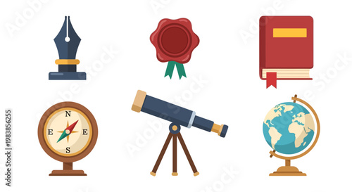 Set of Navigation and Exploration Icons Including Globe and Telescope