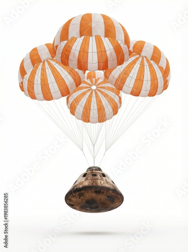A spacecraft capsule descends under a cluster of orange and white striped parachutes against a white background.