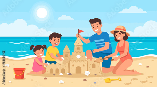 A delightful flat design illustration of a family collaborating to build an elaborate sandcastle on a sun-drenched beach during their summer holiday. This cheerful scene captures the essence of shared