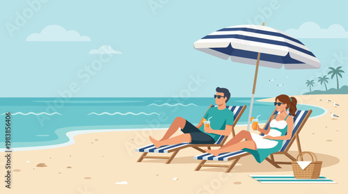 This flat design vector showcases a serene summer vacation scene with a couple unwinding on sun loungers under a large umbrella at the beach.