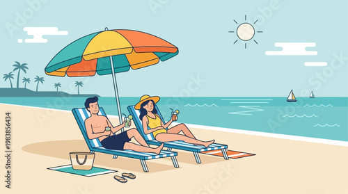This flat design vector showcases a serene summer vacation scene with a couple unwinding on sun loungers under a large umbrella at the beach.