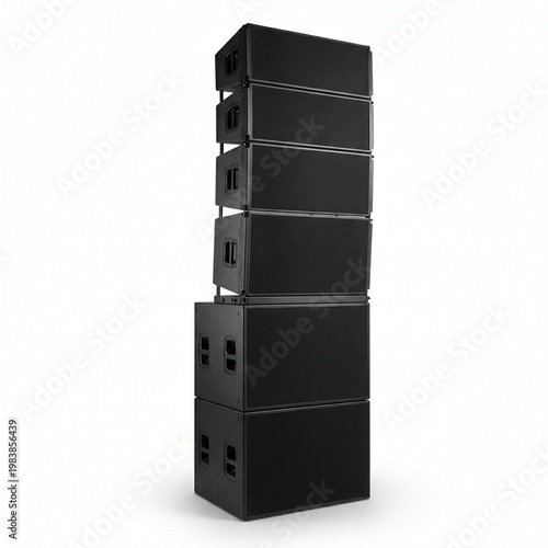 A tall, black, modular line array speaker system stacked vertically on a white background.
