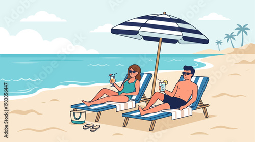 This flat design vector showcases a serene summer vacation scene with a couple unwinding on sun loungers under a large umbrella at the beach.