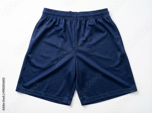 A pair of navy blue athletic shorts laid flat on a white background.