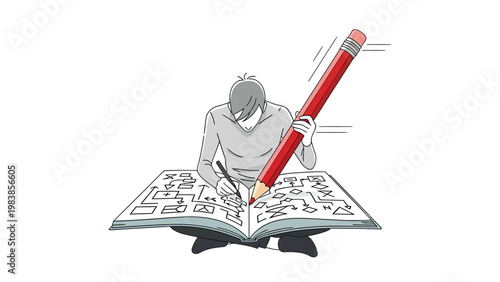 Creative Process: Person drawing complex diagram with giant red pencil, illustrating planning, problem-solving, and design.