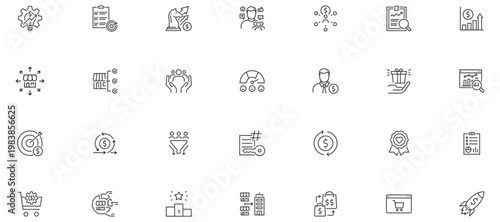 Sales growth, marketing strategy, and business analytics line icon set. Revenue, customer retention, and e-commerce vector icons. Thin line editable stroke symbols