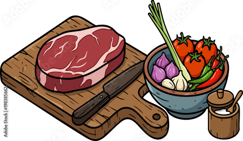 Beef on a wooden chopping board next to a bowl of cooking spices.