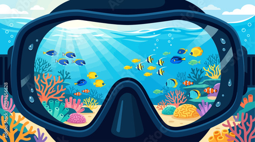 This captivating flat design vector offers an immersive underwater view, as if seen through a snorkel mask, showcasing colorful fish and vibrant coral. 