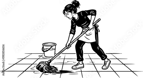 illustration of a woman mopping the floor of the house.