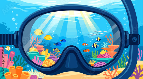 This captivating flat design vector offers an immersive underwater view, as if seen through a snorkel mask, showcasing colorful fish and vibrant coral. 