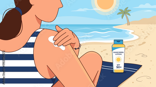 This flat design illustrates the important act of applying sunscreen on a sunny beach, emphasizing sun protection during a summer holiday. It's a simple yet crucial aspect of a beach vacation.
