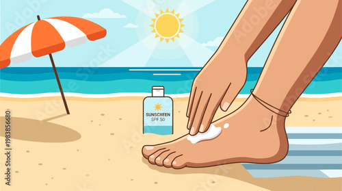 This flat design illustrates the important act of applying sunscreen on a sunny beach, emphasizing sun protection during a summer holiday. It's a simple yet crucial aspect of a beach vacation.
